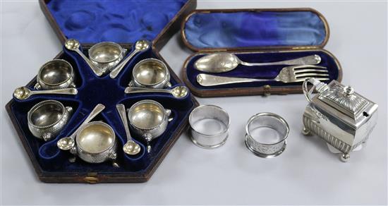 A set of six Victorian silver salts and spoons, cased, a silver mustard and three other items, approx 15oz gross